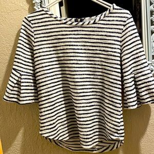 Ivory & Navy striped shirt blouse with zipper back and ruffles sleeves